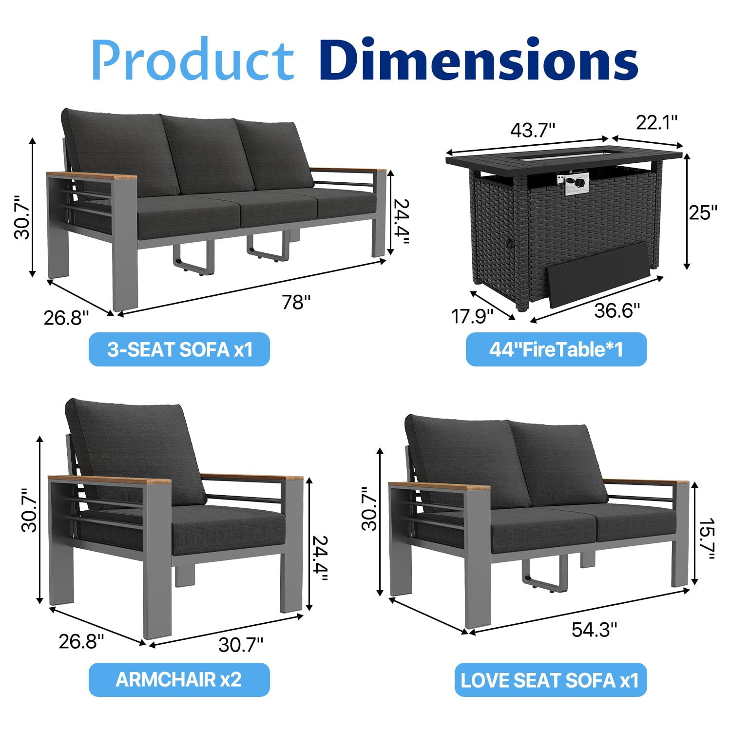 LazySunsets 5 Piece Aluminum Patio Furniture Set, 7-Seat Oversized Outdoor Sectional with Fire Pit Table, Dark Gray