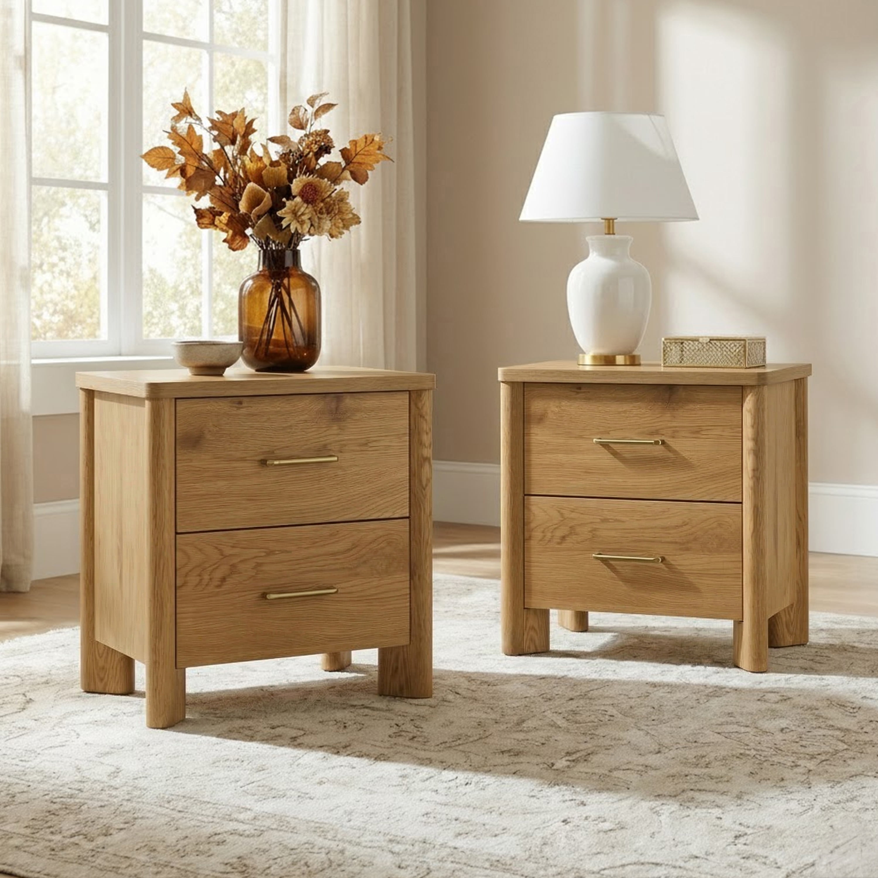 Furniture of America Gracie Modern Wood 2-Drawer Kids Nightstands with USB Ports, Set of 2, Oak