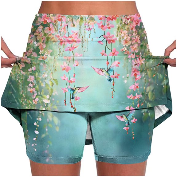 Sexlip Womens Yoga Sports Shorts Plum Blossom Pattern Layered Design Adjustable Waist Soft Fabric Snug Silhouette for Daily Fitness Blue XXXL