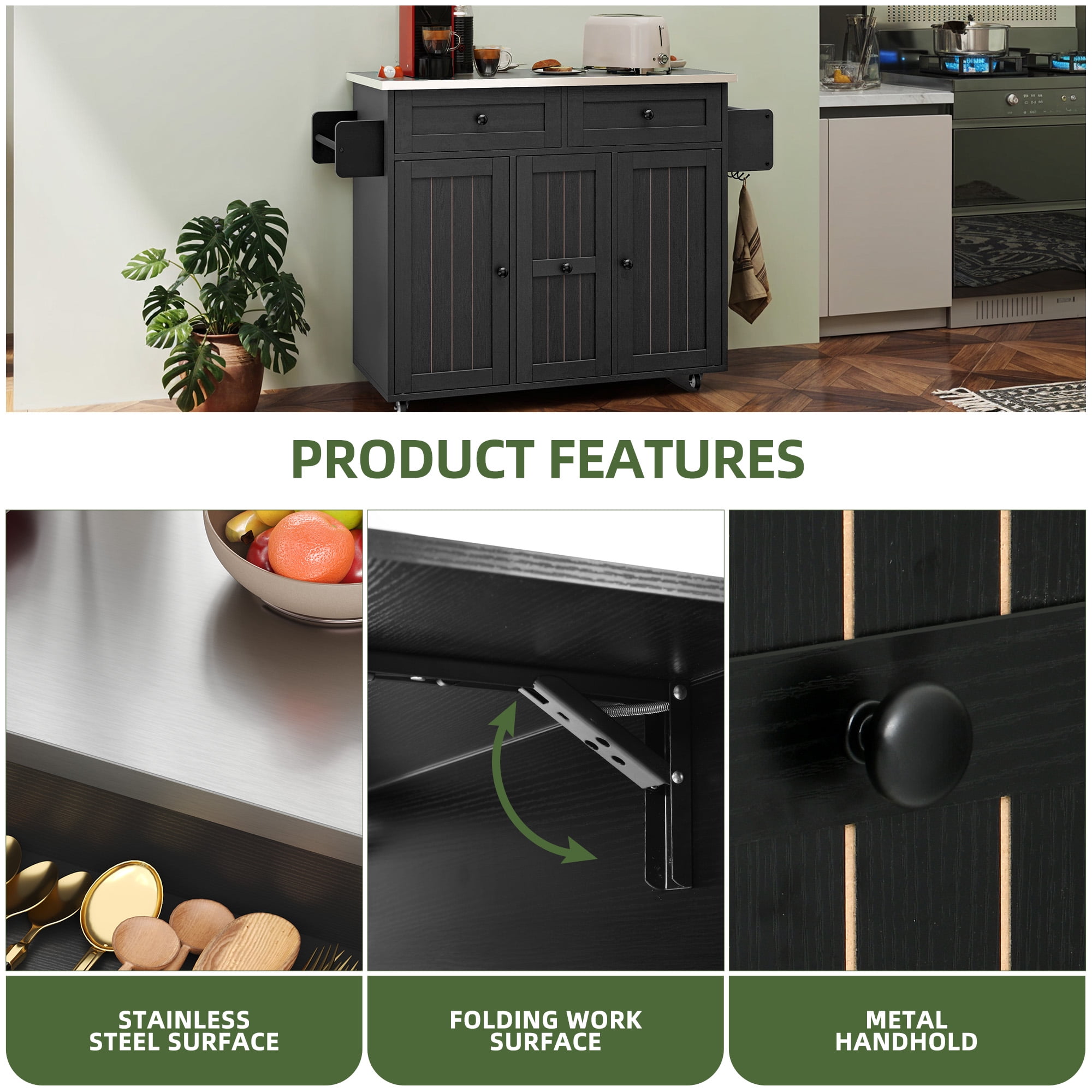 Uforic Kitchen Island with Wheels & Storage, Kitchen Island Cart with Drop Leaf, Black