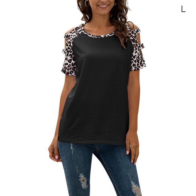 Qarigey Camisa de manga corta con hombros descubiertos y cuello con estampado de leopardo hueco para mujer Prendas para la parte del cuerpo Negro L
