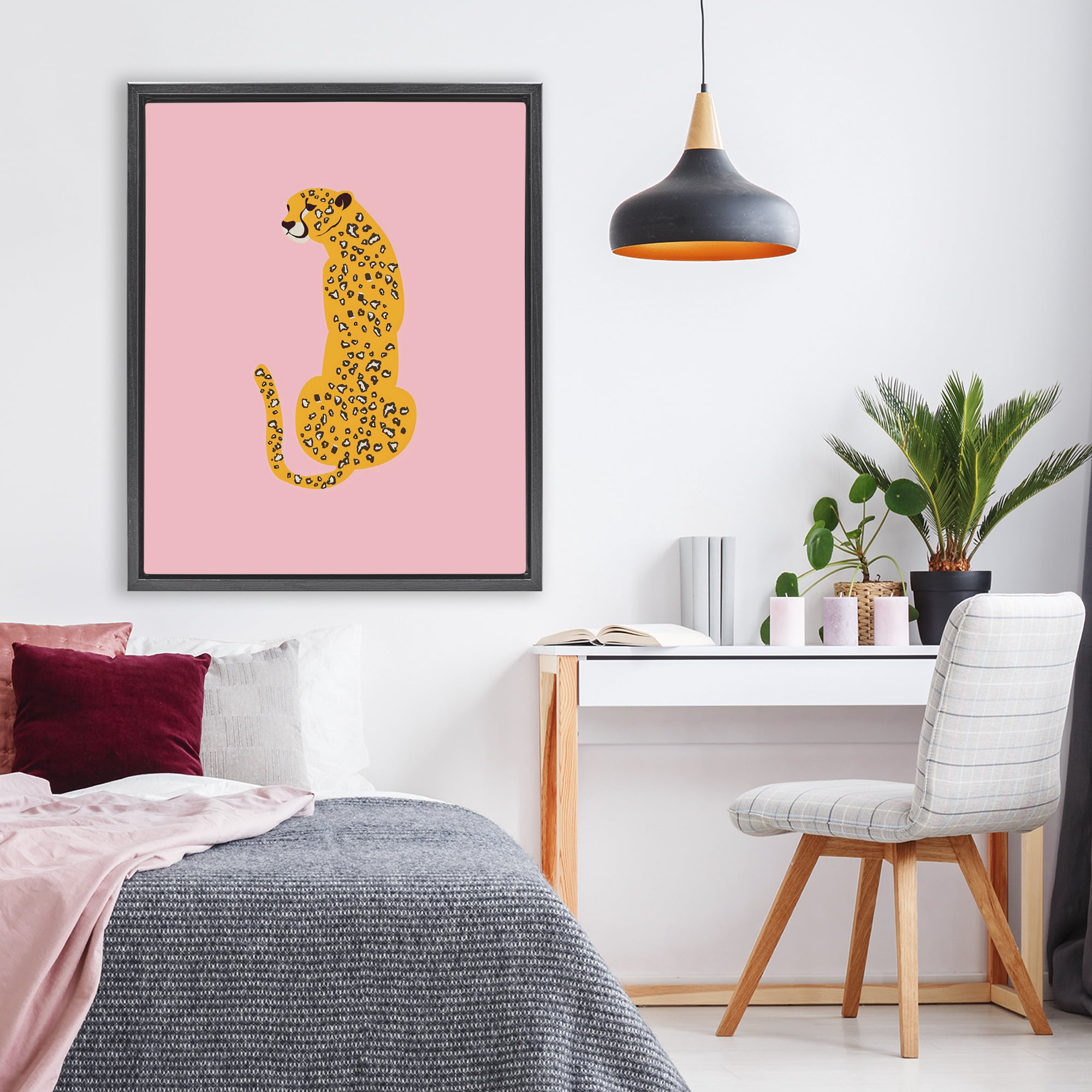 Stupell Industries Yellow Jaguar on Pink Black Framed Floater Canvas Wall Art, design by Creative Studio