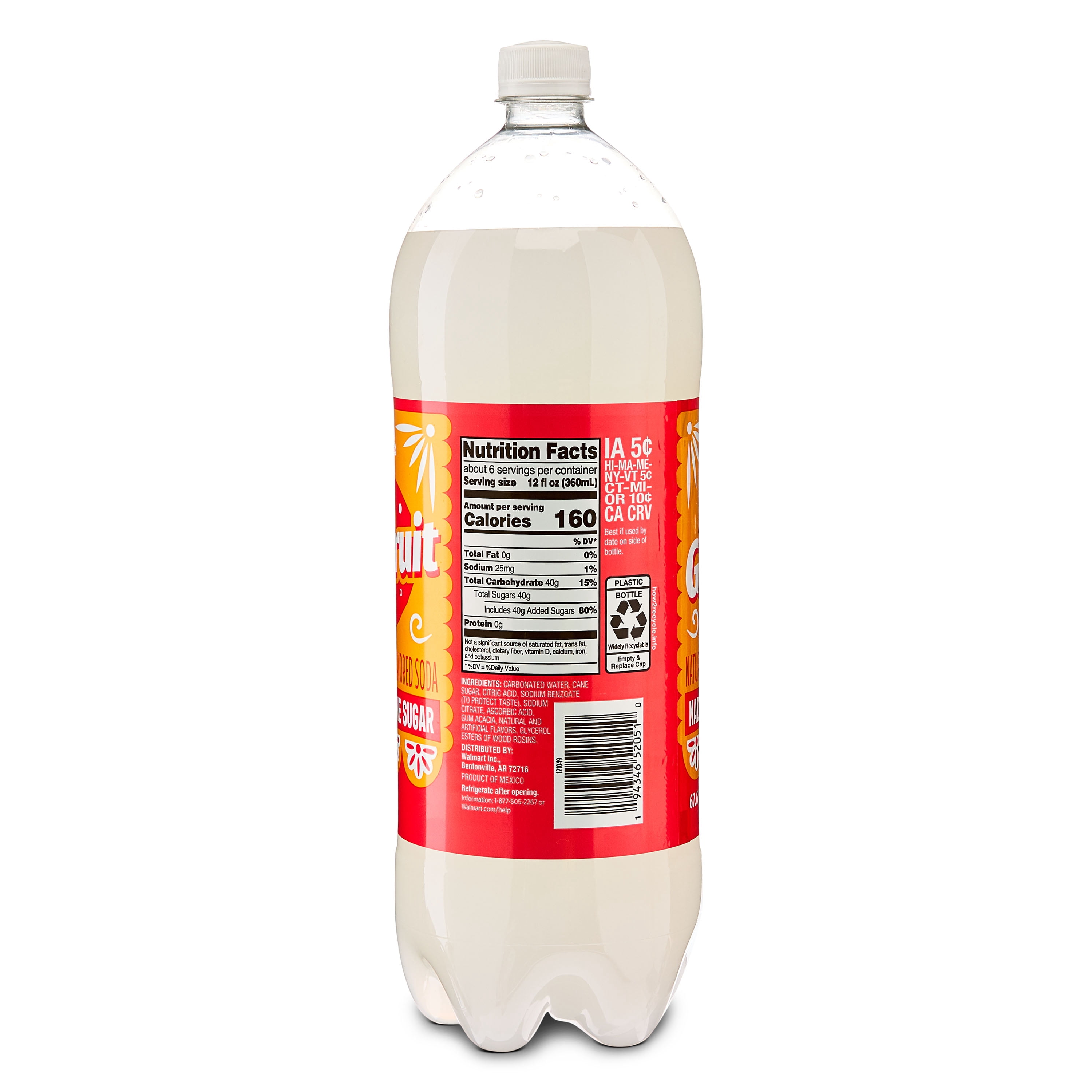 Great Value Grapefruit Soda Pop, Pure Cane Sugar, 2 Liters