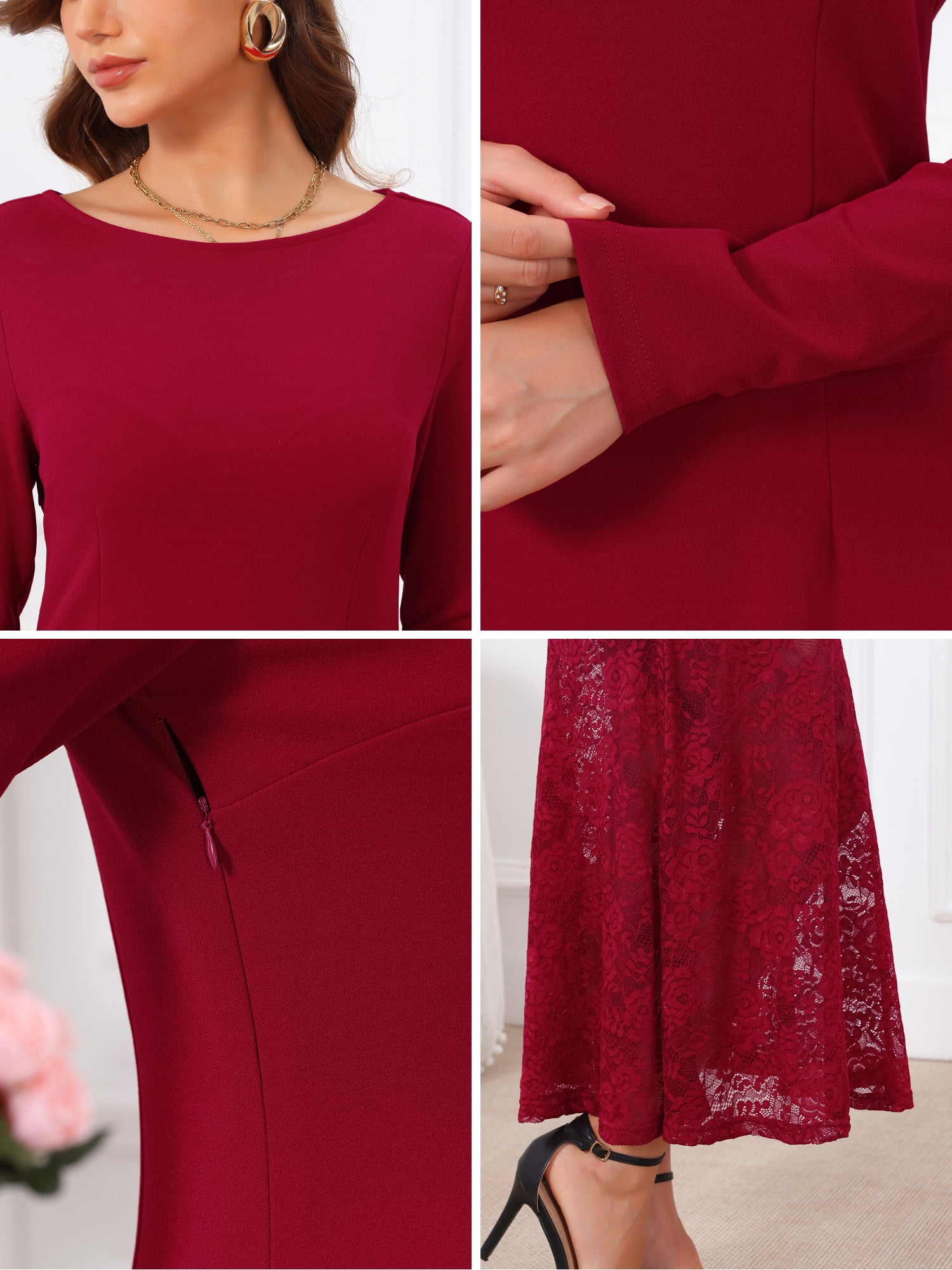 DARING DIVA Women's Lace Dress Wedding Guest Boat Neck Fishtail Dress S Burgundy