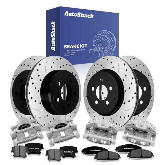 AutoShack Front & Rear Brake Rotors, Premium Pads & Calipers for Chrysler & Dodge, 300 2006-2011 Magnum 2006-2007, AWD RWD V8 5.7L - E-Coated Drilled & Slotted - ShadowGuard