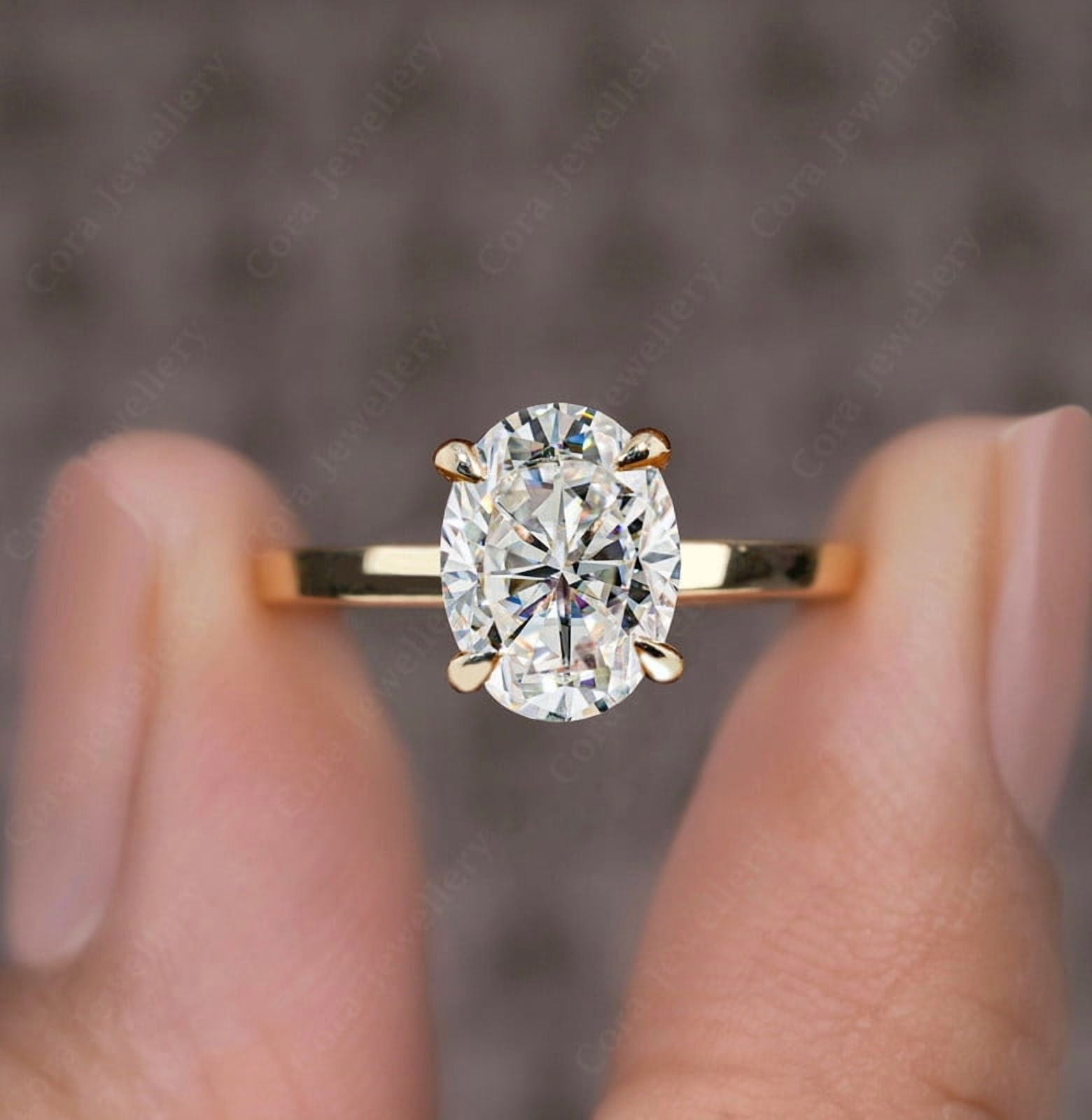 Cora Jewellery 3CT Bridge Diamond Oval Moissanite Hidden Halo Engagement Ring For Women, 18K Yellow Gold