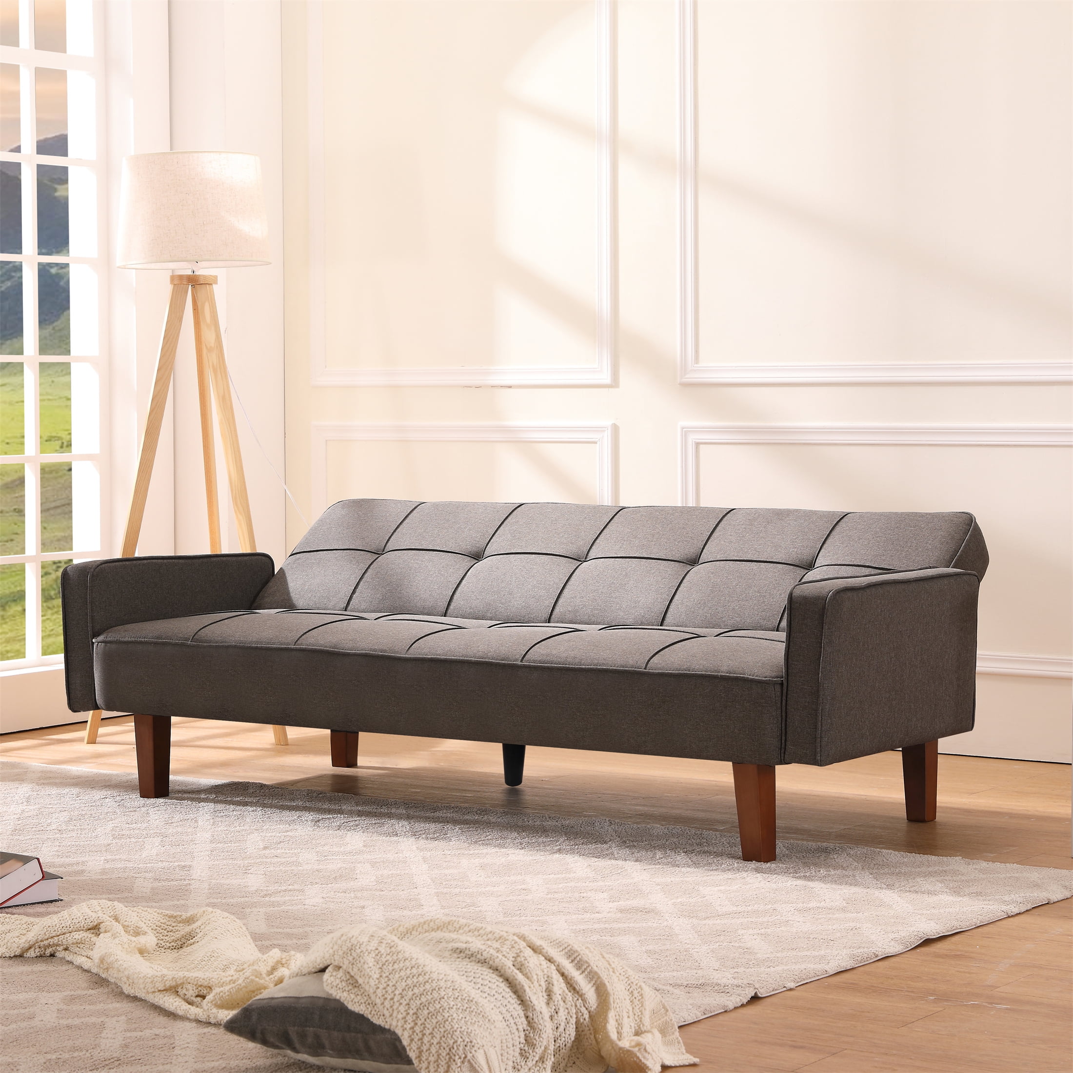 Aukfa 75" Square Arm Futon Sofa Bed Convertible Couch for Home Office, Wooden Legs, Linen, Gray