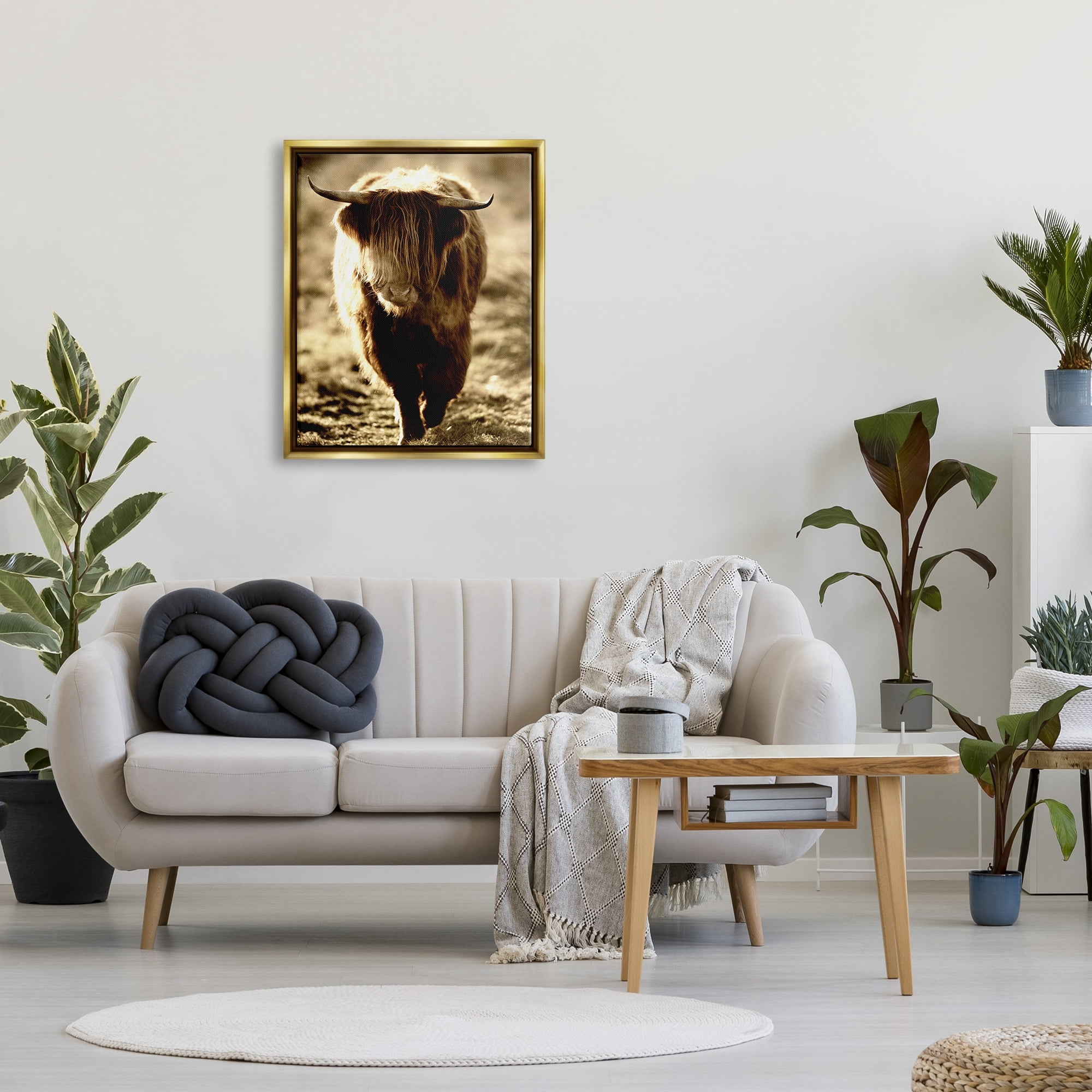 Stupell Industries Sunlit Highland Longhorn Cattle Wandering Rural Countryside Photograph Metallic Gold Floating Framed Canvas Print Wall Art, Design by James Dobson