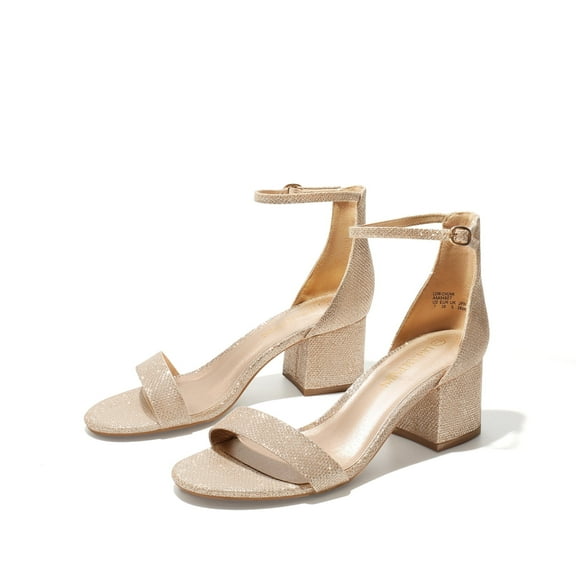BURUDANI Women's Fashion Low Heel Ankle Strap Pump Sandals Open Toe Party Dress Shoes GOLD/GLITTER Size 9