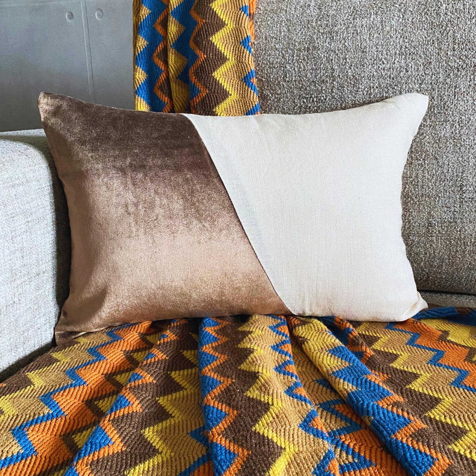Decorative Brown 12"x26" (30x65 cm) Lumbar Pillow Cover, Velvet Patchwork & Color Blocking Oblong Pillow, Patchwork Pattern Modern Style - Velutinous Brown