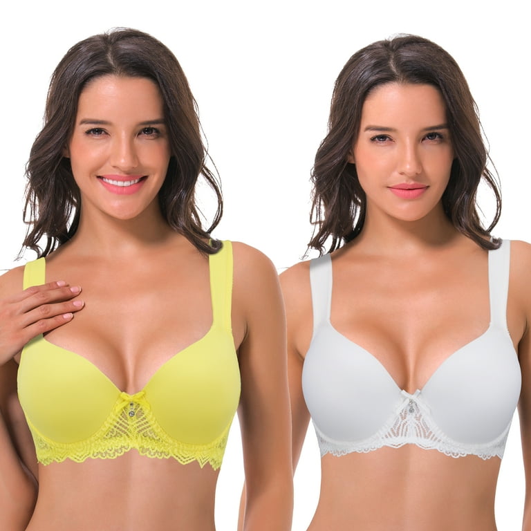 Curve Muse Women's Lightly Padded Underwire Lace Bra with Padded Shoulder  Straps-2PK-WHITE,LIGHT YELLOW-42B