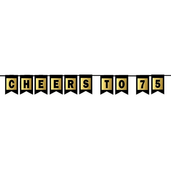 Cheers 75th Brithday Anniversary Black & Mettalic Gold Handing Party Wall Decoration Bunting Banner