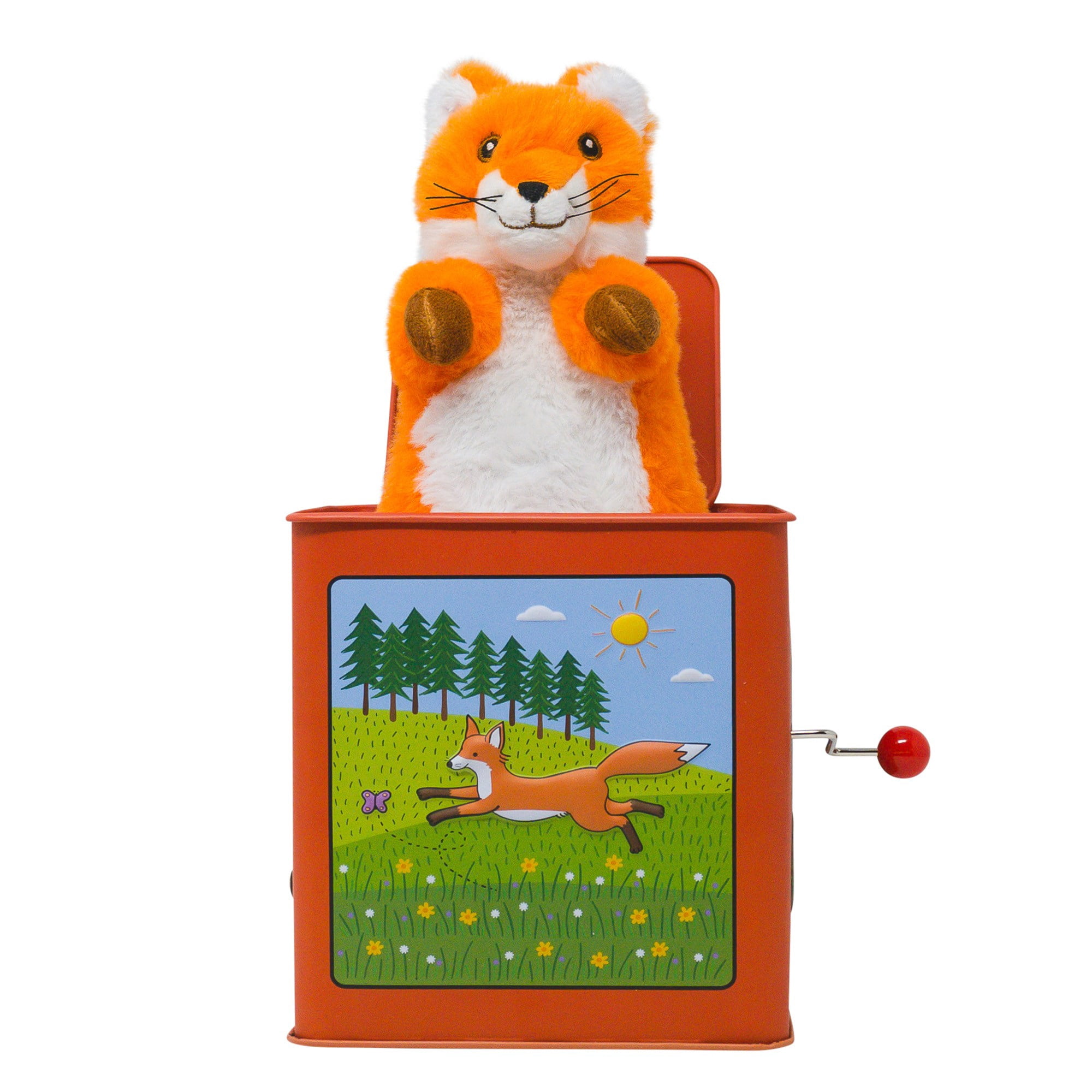 Jack Rabbit Creations Finn The Fox Jack in The Box Toy, Plush Fox, Side Crank Plays Pop Goes The Weasel, Surprise Pop-Up, Kids Age 3+