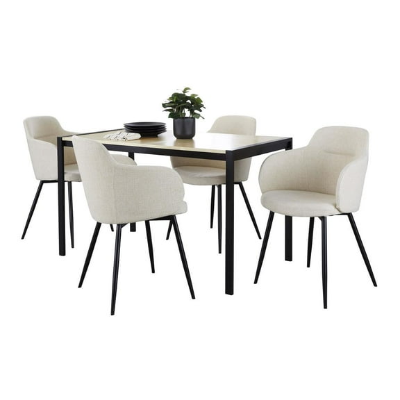 LumiSource Black Metal, Natural Wood, Cream Noise Fabric Fuji-Boyne Dining Set - 5 Piece