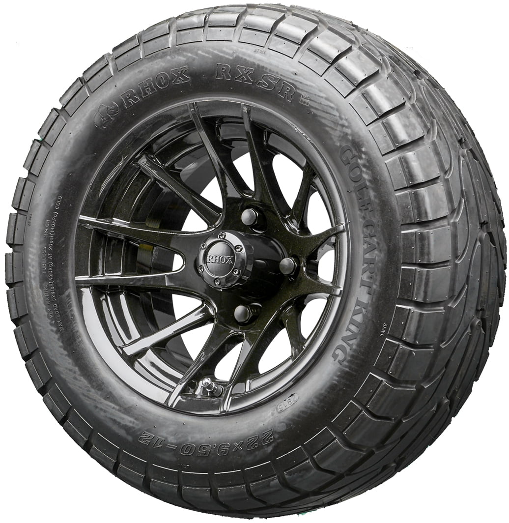 Golf Cart Wheels and Tires 12" RHOX RX104 Black w/ All Terrains Set