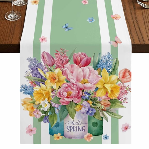 Table Runners 90 Inches Long Dress Scarves, Watercolor Floral Farmhouse Coffee/Dining/Kitchen Table Runner for Living Room, Spring Flowers Butterflies Leaves Green 13x90 Inch
