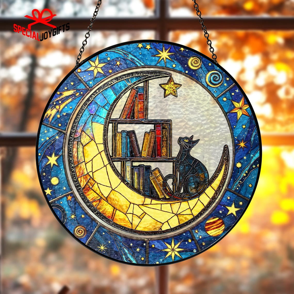Glass Cat Book On The Moon Suncatcher Fantasy Book Window Hanging Book Lover Gifts Bookish Gift Cat Indoor Decor Librarian Gift Suncatcher Window Hanging 3.5 in
