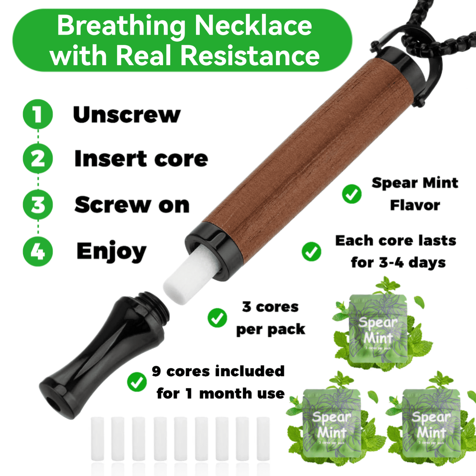 Breathing Necklace to Replace Bad Habit with 3 Packs Spearmint Refillable Pods, Habit Support Necklace for Stress Relief Sensory Fidget for Adults