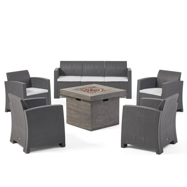 Noble House Selway Outdoor 7-Seater Chat Set w/ Fire Pit Gray