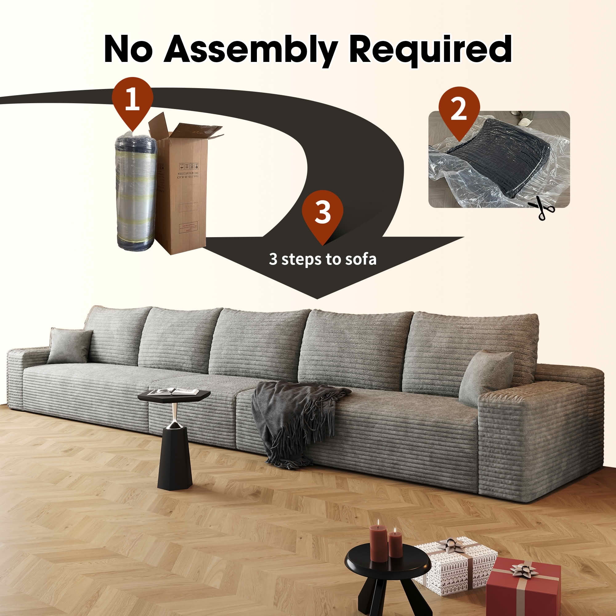 MAYEERTY 168" Cloud Sectional Couch, Deep Seat Modular Sofa, Plush Corduroy Fabric, No Assembly Required, Gray