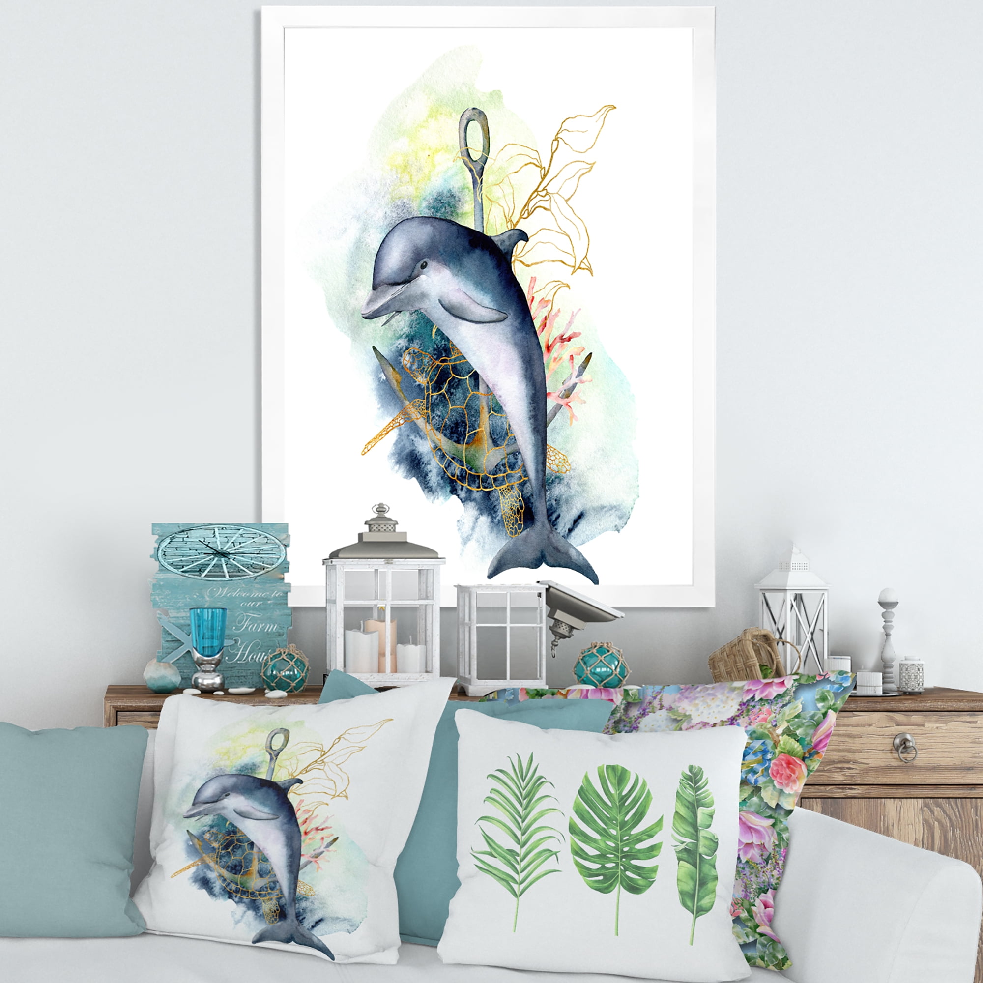 Designart 'Linear Coral Reef Plants and Dolphin Turtle Anchor' Nautical & Coastal Framed Art Print