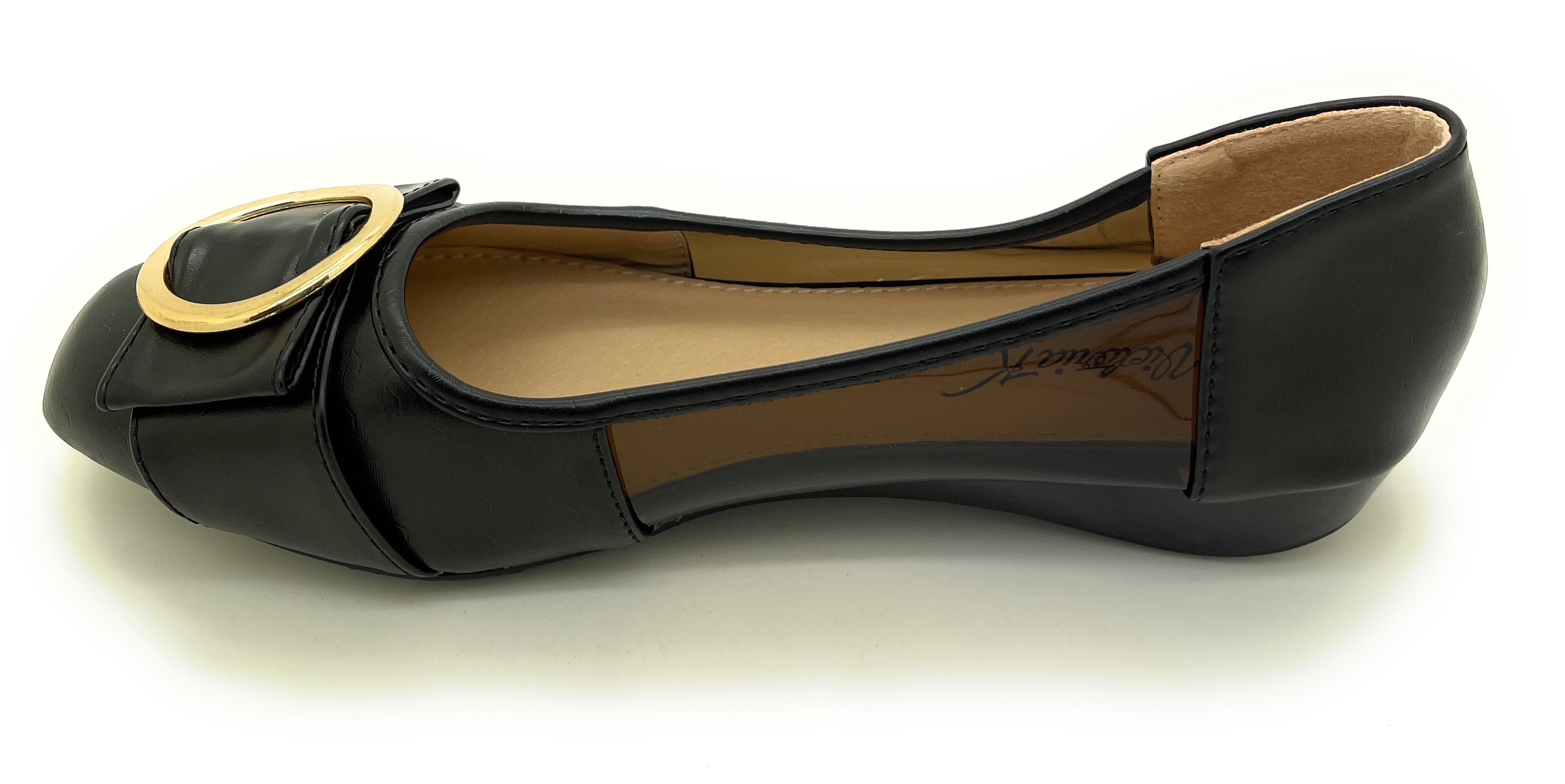Women’s Dress Flats with Gold Buckle Accent – Square Toe Slip-On Shoes – Stylish Low Heel Comfortable Casual or Office Flats for Work, Travel, and Everyday Wear