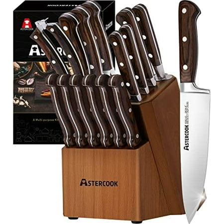 Knife Set 15 Pcs Kitchen Knife Set With Block Astercook German Stainless Steel With Scissors Knife Sharpener and 6 Serrated Steak Knives