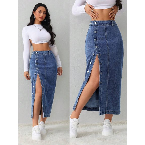 Dark Wash-2 Denim Midi Skirt With Front Button Closure And Side Slit