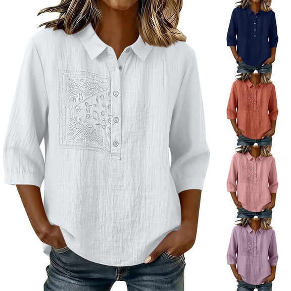 Mgmyaa Women's Flax Linen Button Shirt Collared 3/4 Sleeve Solid Color Regular Fit Loose for Spring Summer Office and Beach