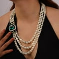 thumbnail image 2 of 1920s 3-strand White Faux Pearl Necklace and Earrings Set Emerald Crystal and Rhinestone Long Pearl Necklace Statement Women Jewelry, 2 of 12