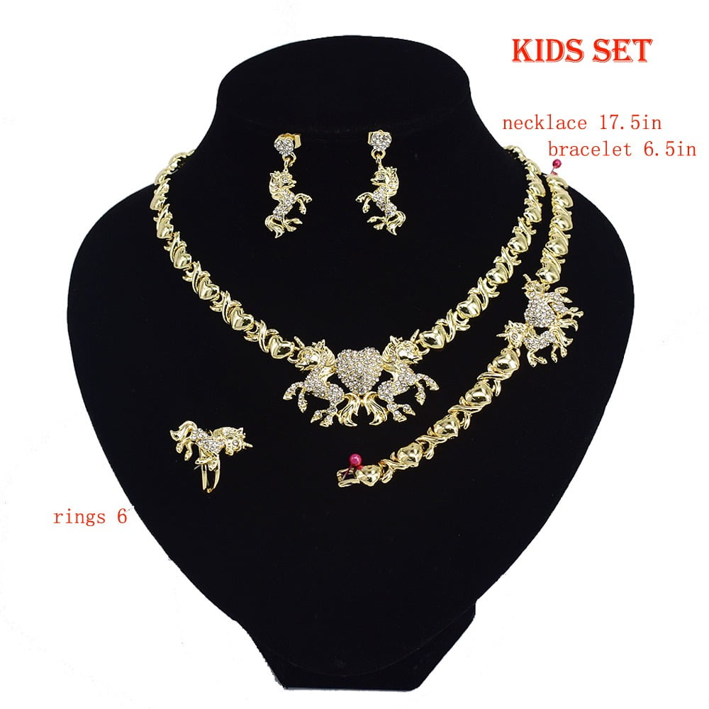 Children's Hugs & Kisses Xo Jewelry Set Unicorn Pedant Necklace Ring Bracelet & Earrings 18k Layered Real Gold Plated
