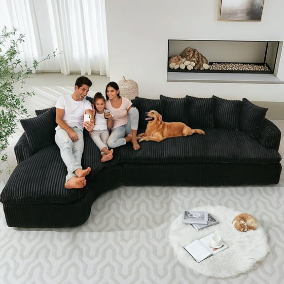 127" L-Shape Corduroy Sectional Couch, 4-5 Seat Sofa with Pillows for Living Room, No Assembly Needed,Black