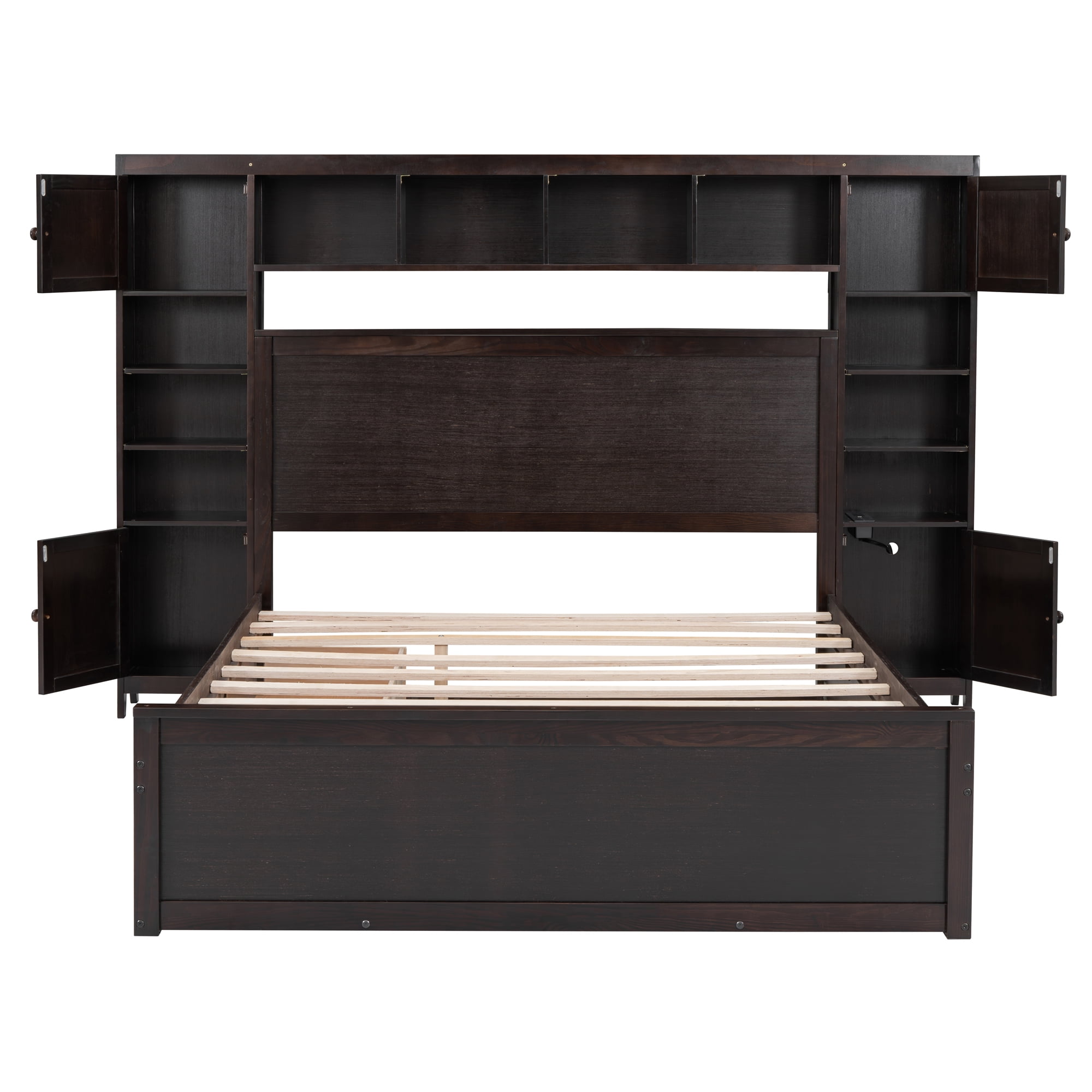 Aukfa Queen Size Bed Frame with All-in-One Cabinet and Shelves, Wooden Functional Bed with Trundle and Storage Drawers, USB Ports Outlets, Espresso