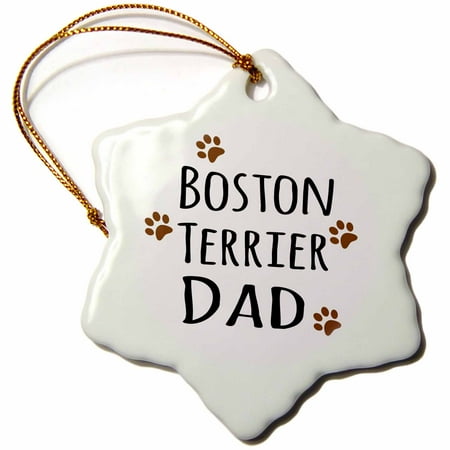 Boston Terrier Dog Ornament - 3dRose Boston Terrier Dog Dad - Doggie by breed - brown muddy paw prints love - doggy lover - pet owner, Snowflake Ornament, Porcelain, 3-inch