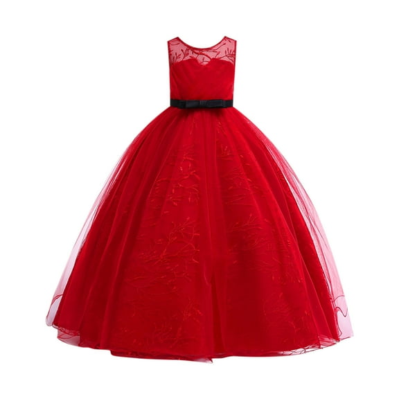 Fesfesfes Toddler Girls Temperament Minimalistic Bowknot Embroidered Flower Net Yarn Birthday Party Gown Dresses