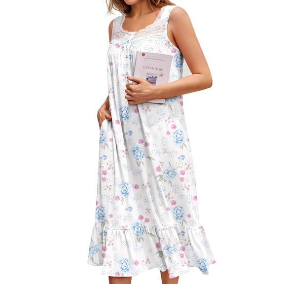 Ekouaer Women's Nightgowns Long Sleeveless Night gown with Pockets Soft Ladies Nightdress Lace Trim Victorian Sleepwear Vintage Old Fashioned Gown