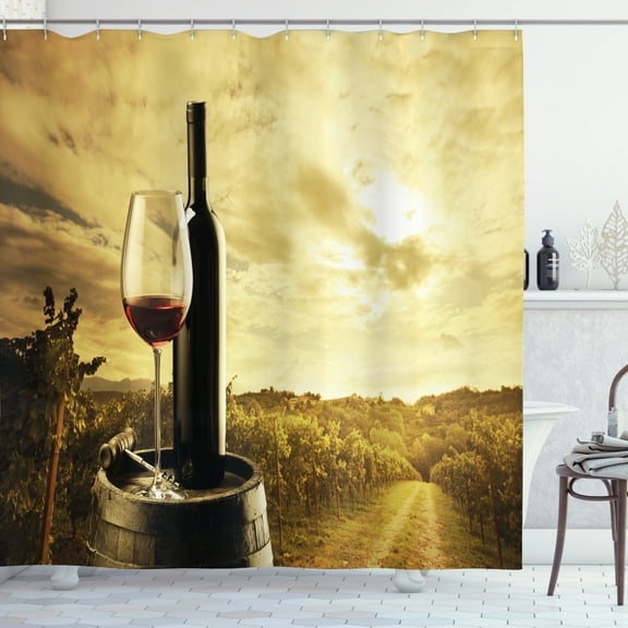 Ambesonne Wine Shower Curtain, Red Wine Themed Vineyard, 69"Wx70"L, Pale Coffee Green Black