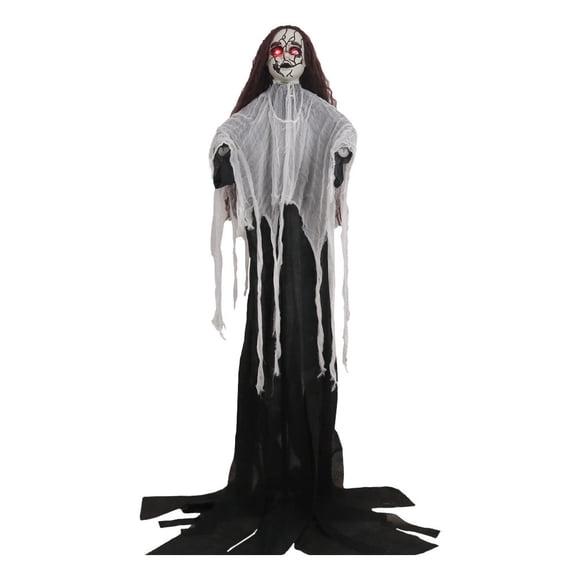 Halloween Decoration Outdoor Spooky Life-Size Animatronic Bride Prop with Sound-Activated Moving Arm and Red LED Eyes Battery Powered
