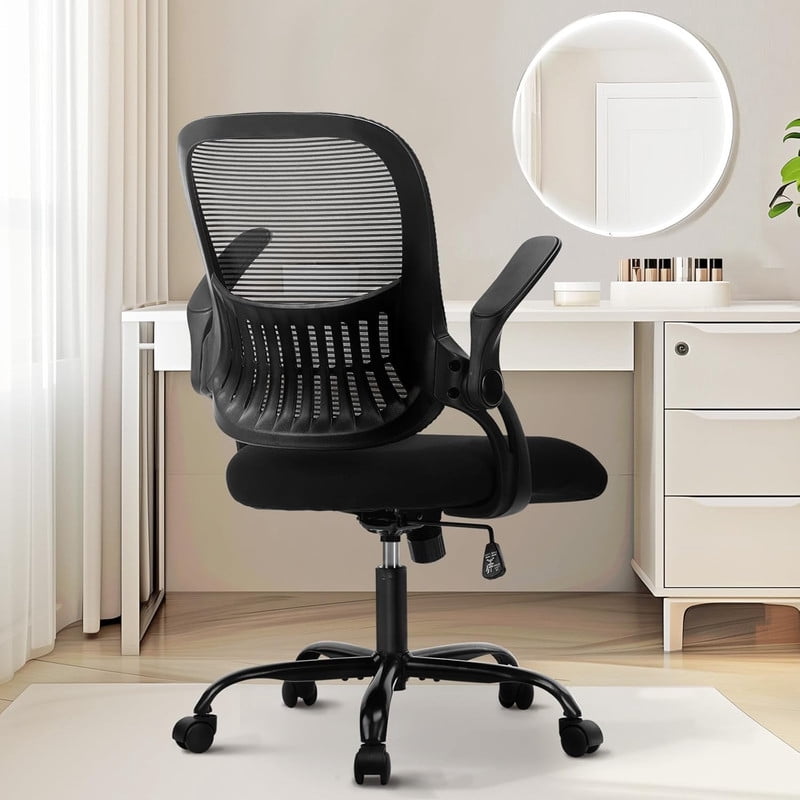 Beddle Office Chair with Lumbar Support, Ergonomic Mesh Mid-Back Swivel Desk Chair with Flip-Up Arms, Comfortable Task Chair for Home Office or Study, Black