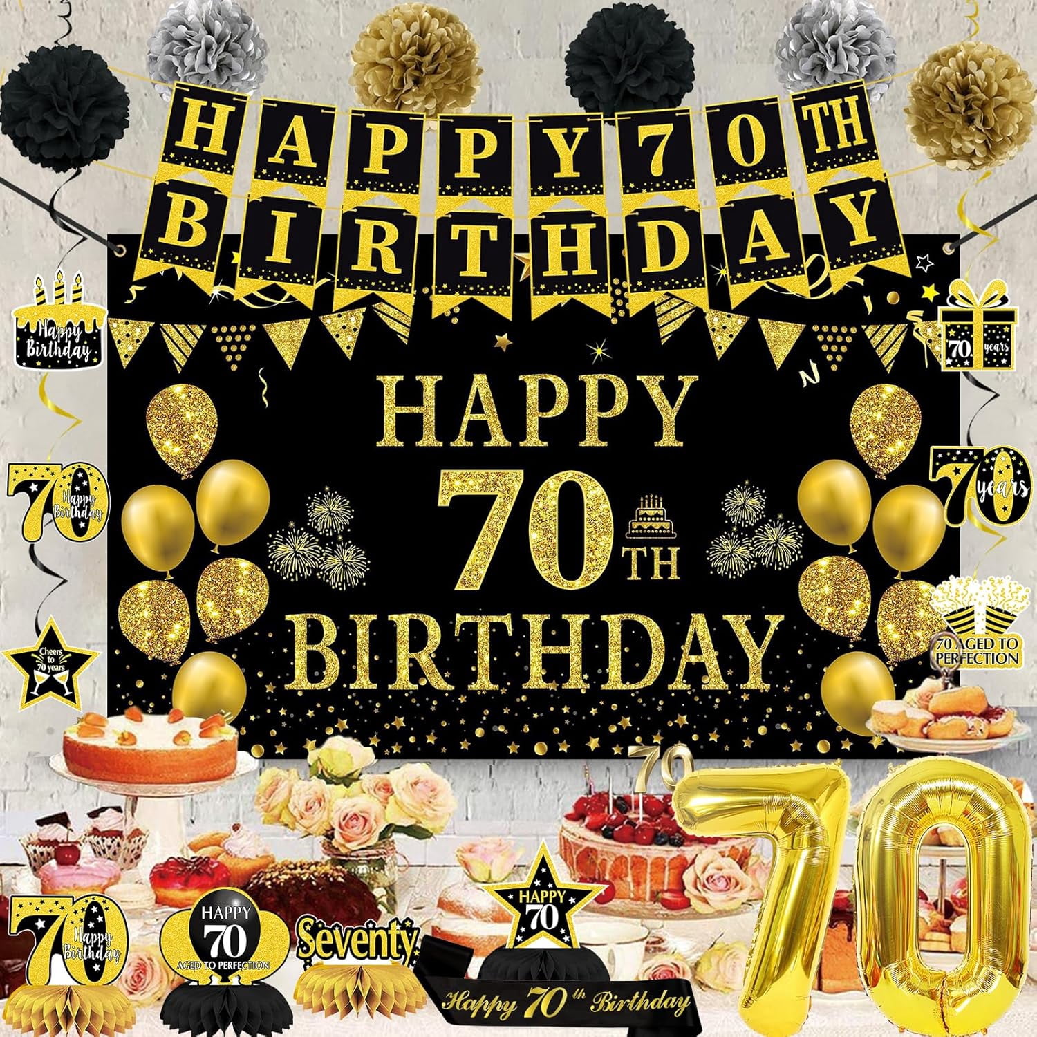 70th Birthday Decorations for Men Women, 22pcs Black Gold Birthday Party Supplies, Banner, Hanging Swirl Flag, 70th Sash&Pompoms, Balloons, 70 Year Old Party Decorations Set