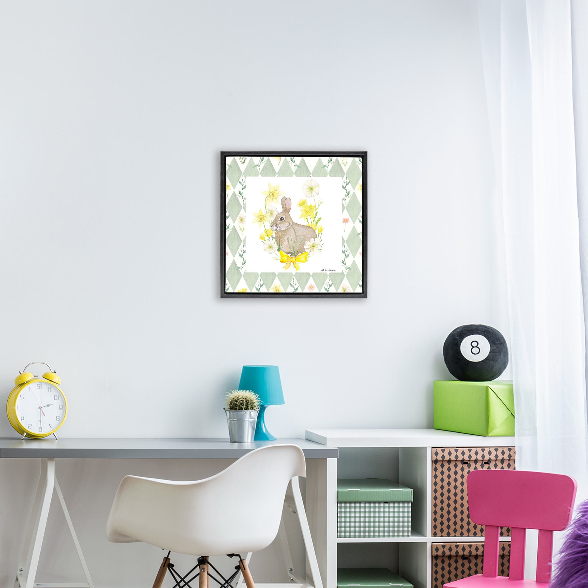 Mother Bunny on Green Argyle Black Framed Floater Canvas Wall Art, design by Lee Ann Sanders