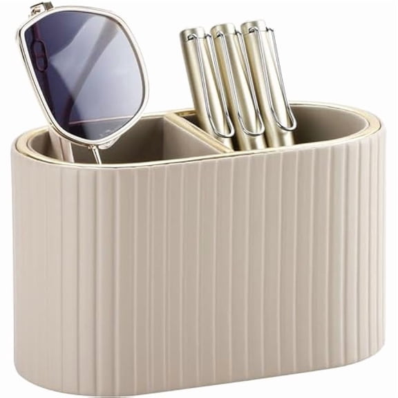 Ribbed Desk Caddy with Gold Accent,Multi-Compartment Pen & Accessory Organizer for Office & Vanity
