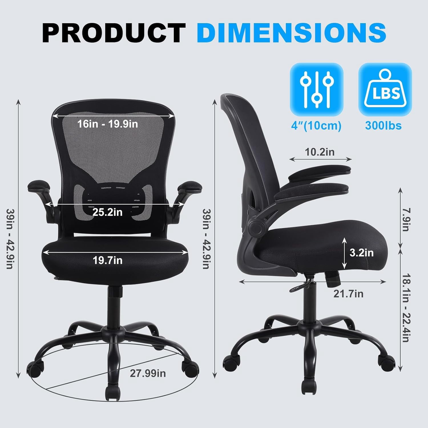 Flysky Mesh Office Chair 300lb, Ergonomic Home Office Desk Chair with Lumbar Support and Flip-up Arms, Black