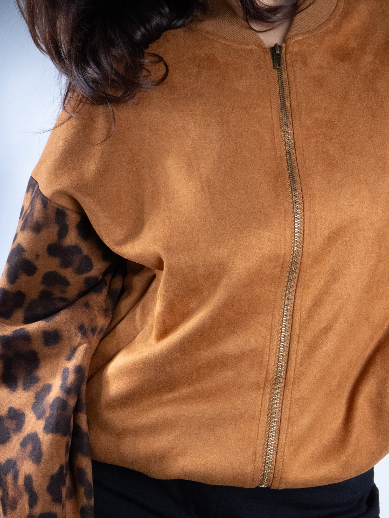 DARING DIVA Women's Animal Print Sleeve Zip Up Jacket XS Brown
