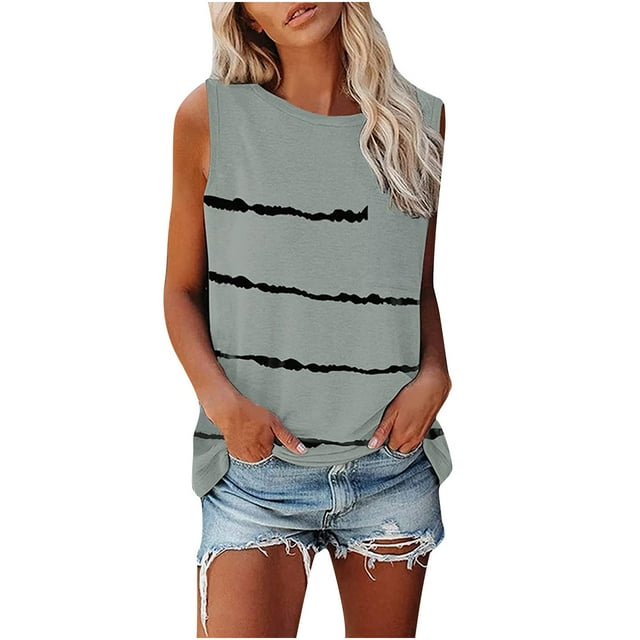 Fridja Hauts Décontractés Sans Manches à Col Rond Imprimés pour Femmes avec Poches T-shirt Blouse