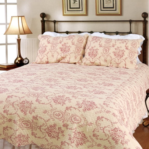 Serene Night-Red 100% Cotton 3PC Classic Floral Vermicelli-Quilted Quilt Set (King Size)