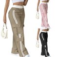 thumbnail image 2 of Women's Fashion Side Striped Straight Leg Pants Elastic Waist With Pockets Casual Sports, Black, Size L, 2 of 6