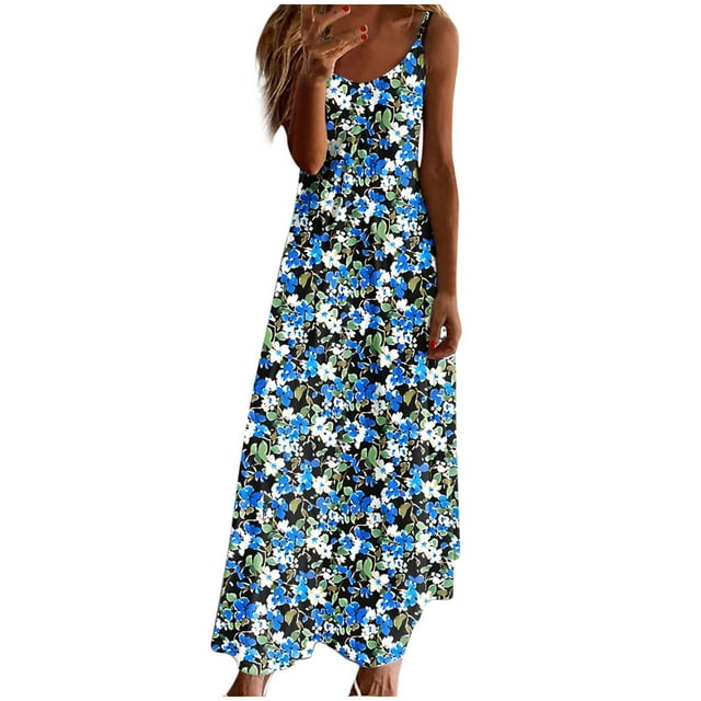 Staron Robes Décontractées pour Femmes Longues Fluides Mode Col en V Robe d'Été Bohème Printemps à Bretelles Spaghetti Plage Vacances Robes