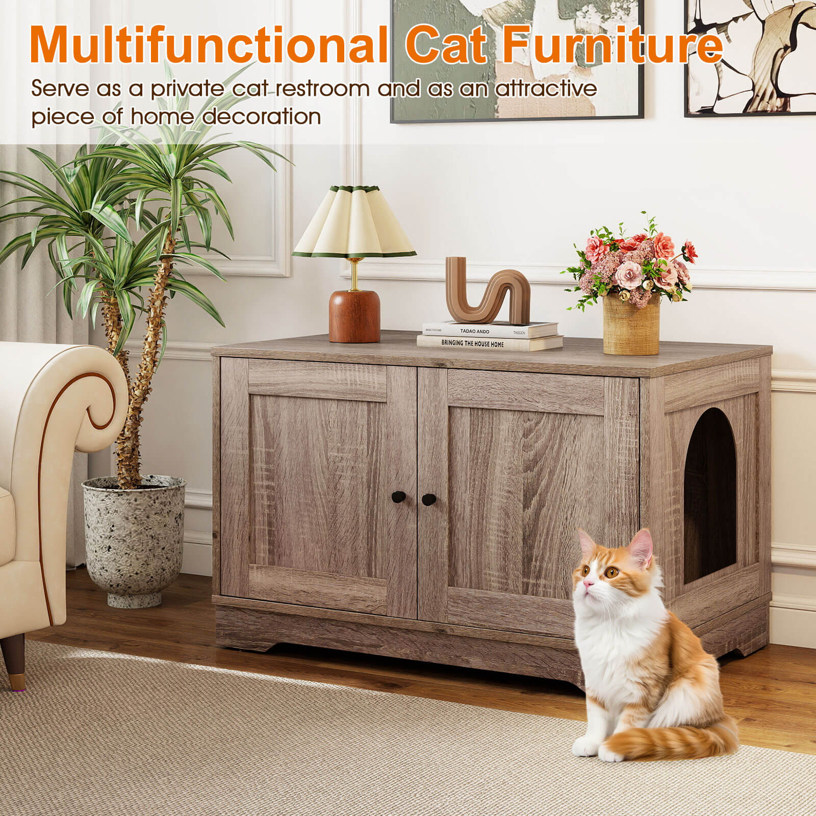 Costway Cat Litter Box Enclosure Furniture with Double Doors Divider Side Entry for Cats Gray