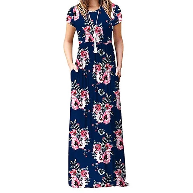 Vestido suelto de manga corta para mujer (vestido informal largo con bolsillos)
